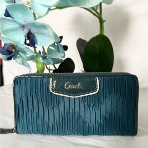 Coach Ashley teal gathered satin long wallet